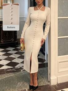 Modelyn 女款優雅通勤長袖鈕扣收腰墊肩拉鍊開衩中長洋裝 - 卡其色 - 查看 4