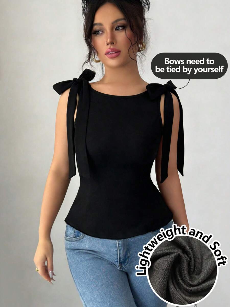 Selianne Blusa elegante y de moda de unicolor con tirantes para mujer - Negro - Ver 1