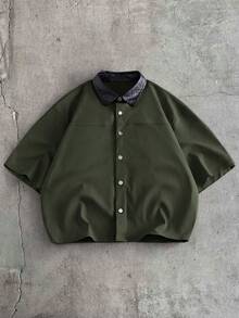AXEPEAK Camisa casual versátil de uso diario para hombre con color contrastante y abotonadura sencilla - Verde - View 7