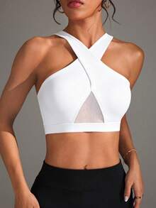 Slayform Women's Criss-Cross Strap Halter Neck Mesh Patchwork Solid Color Sports Bra - White - View 5