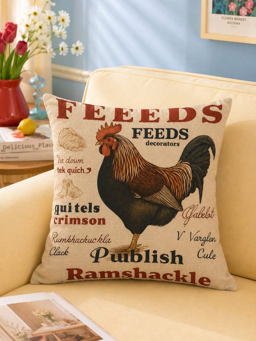 Joivida Vintage Farm Linen Throw Pillow Cover, Single-Sided Printed Without Inner Cushion. It Features Retro Livestock Prints Including Rooster And Cow With Old Farm Text Graphics, Adopting Simple Farmhouse Style. - Multicolor - View 1
