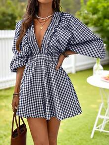 KARISMINA Woven Plaid V-Neck Puff Short Sleeve Women's Jumpsuit - Navy Blue - View 5