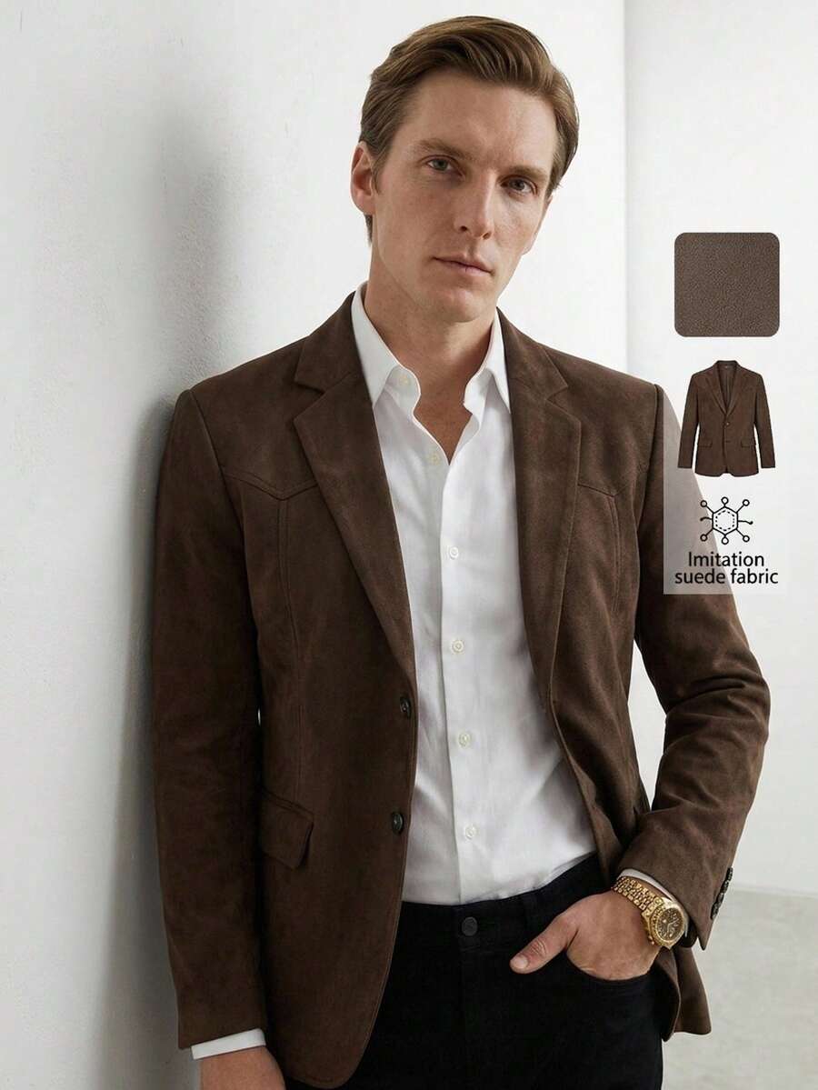 Manfinity CityGents 男士咖啡棕色麂皮領休閒西裝外套,秋季商務休閒工作運動外套,老錢風棕色西裝外套,適用於婚禮儀式禮物、假期 - 棕色 - 查看 1