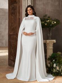 Aureia Plus Size Elegant White 2 In 1 Cape Lace Patchwork Elastic Fabric Round Neck Long Sleeve Mermaid Tail Train Dress Dinner Formal Wedding Autumn - White - View 5
