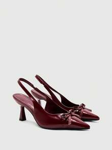 CUCCOO BIZCHIC Ladies Burgundy Patent Leather Back Empty High Heels, Pointed Bow Horn And Commuter Shoes - Burgundy - View 7