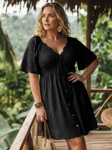 LanaWest CURVE Plus Size Spring/Summer Contrast Lace Vacation Dress - Black - View 5