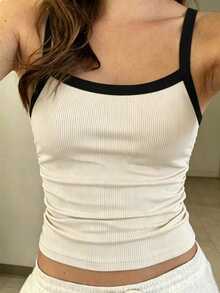 SHEIN 青少年女孩夏季休閒百搭對比飾邊細肩帶背心上衣 - 杏色 - 查看 1