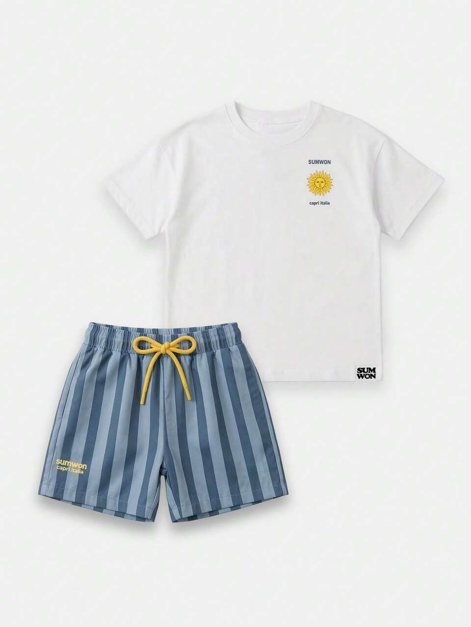 Luźny, letni zestaw dla chłopców: koszulka T-shirt i spodenki z nadrukiem Capri Italia w słońcu, na wakacje, swobodny strój