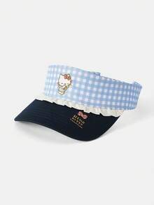 HELLO KITTY AND FRIENDS | SHEIN A Lady's Top, Embroidery, Blue And White Checkered, Lace, Empty Hat, Suitable For Outdoor Outings - Empty hat - View 3