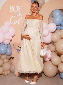 Loomaby Elegant Maternity Party Photoshoot Solid Color Lace Off-Shoulder Dress Wedding Floral White Autumn - Yellow - View 9