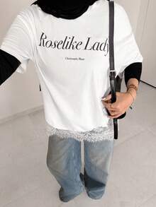 Solavon New Design Letter Print Loose Lace Trim Patchwork Short Sleeve T-Shirt - White - View 3