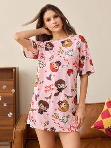 HARRY POTTER X SHEIN Women's Cartoon Print Round Neck Short Sleeve Nightgown - Pink - View 4