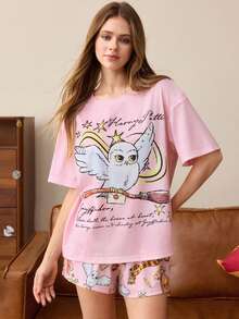 HARRY POTTER X SHEIN Women's Cartoon Print Top And Shorts Pajama Set - Pink - View 4