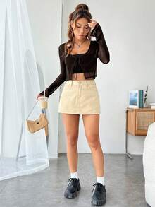 SHEIN EZwear 女款春夏休閒純色前綁帶開襟衫 - 咖啡棕 - 查看 5