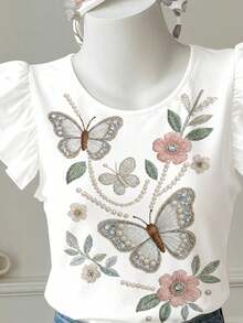 壓花 T-Shirt，波希米亞野花襯衫，植物，青少年女孩荷葉袖上衣 - 彩色 - 查看 3