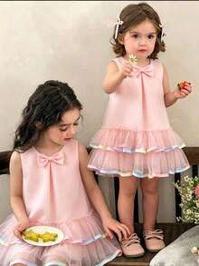 SHEIN Glamorique Kids 女嬰無袖粉色緞面柔軟薄紗漸層緞帶波浪裙襬洋裝，適合嬰兒生日派對、週歲宴會、家庭聚會、婚禮、日常出遊、拍照、夏季洋裝、畢業舞會洋裝 - 粉色 - 查看 2