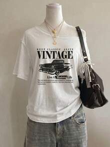 SHEIN EZwear 95%棉女款休閒露肩T恤，復古賽車圖案，Y2K風格，夏季服飾，外出穿搭，休閒街頭風，百搭學院風，適合日常通勤、約會、派對，秋冬春夏皆宜，聖誕節、新年、感恩節、婚禮適用 - 白色 - 查看 7