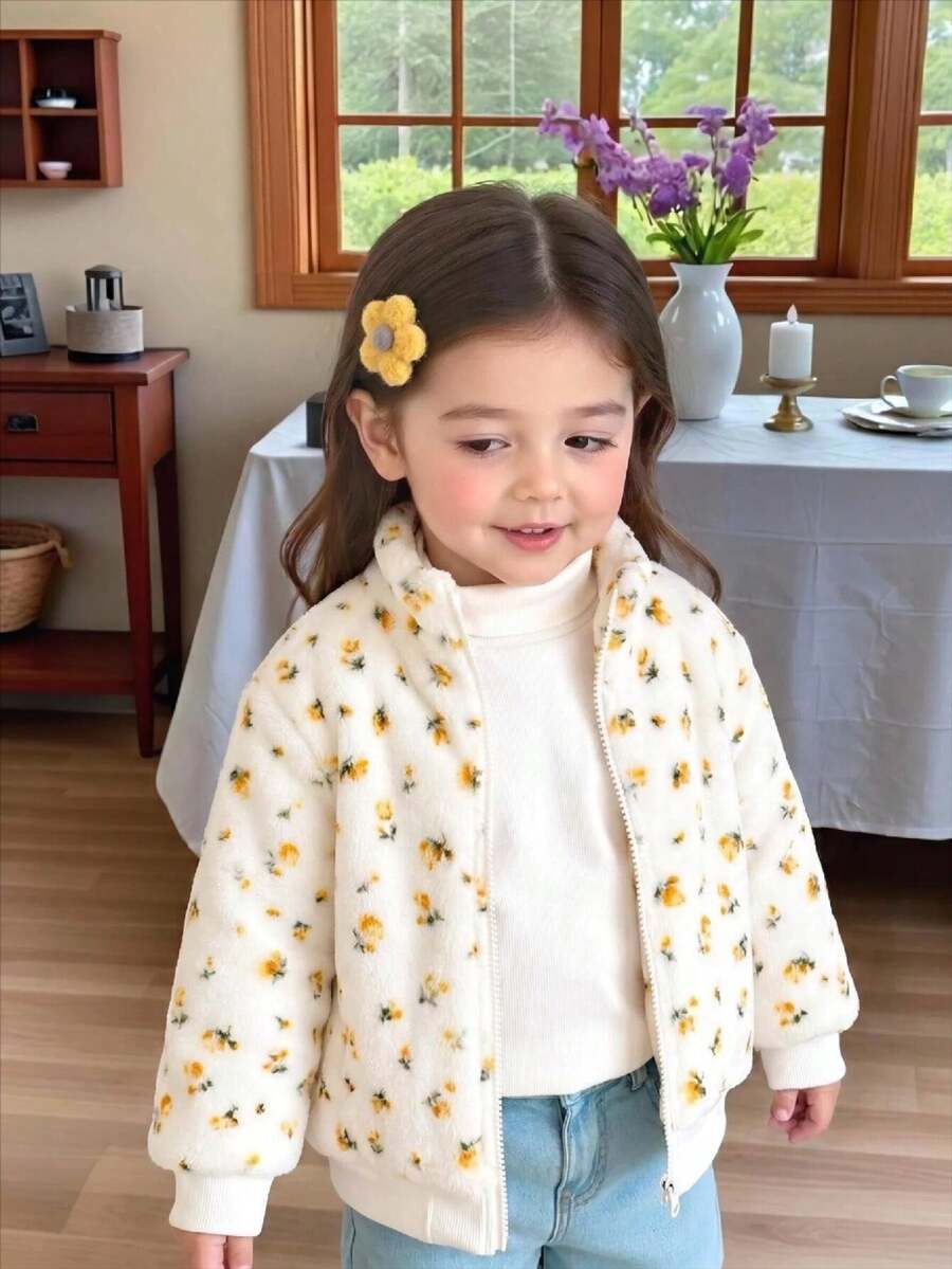Elladie kids 少女甜美可愛復古黃色碎花法蘭絨拉鍊外套大衣,適合日常休閒出遊,春秋冬三季,返校季 - 黃色 - 查看 1