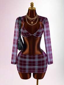 Amplova Back To School Season Triangle Cup Long Sleeve Mesh Cropped Top & Low Waist Skirt Women's Set - Multicolor - View 5