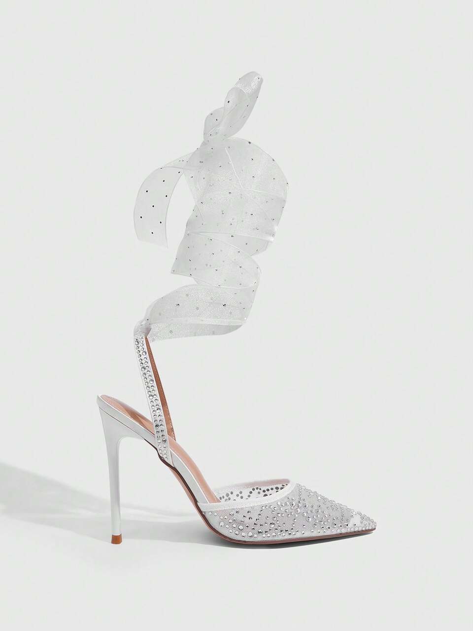 CUCCOO SZL Elegant Women's White Rhinestone Mesh Point Toe Pumps With Organza Ankle Ties Chic Stiletto Heels