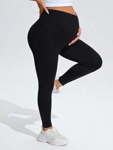 SHEIN Maternity Solid Color High Waist Daily Fitness Sports Leggings - Black - View 7