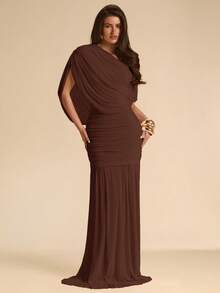 SHEIN BAE Autumn Solid Dark Brown Asymmetrical Shoulder Women's Elegant Fitted Bodycon Mesh Extra Long Fishtail Dress, Flowy Dress, Vacation, Beach Formal Party - Coffee Brown - View 4