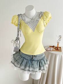 Mori Grove Mori Grove Women's Solid Color Polka Dot Yellow 2 In 1 Short Sleeve T-Shirt Vacation Summer Cute Romantic - Yellow - View 3