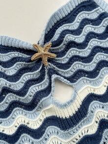 Sunnyshic Plus Size Women's Sunny Summer Romantic Blue Gradient Striped Starfish Metal Buckle Decor Sexy Playful Cute Beach Romantic Elegant Off-Shoulder Strapless Knit Dress, Suitable For Spring/Summer Beach Vacation Outfits - Blue and White - View 7