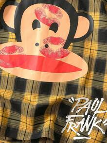 ROMWE MEN Paul Frank X ROMWE 男士夏季休閒字母印花格紋襯衫 - 黃色 - 查看 4
