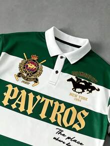 PAVTROS 男士美式學院風徽章刺繡T恤短褲兩件套，Polo領半袖T恤，2合1短褲，針織運動套裝，美式復古學院風，高街時尚，奢華運動風，日常通勤、校園活動、聚會、輕社交、高爾夫及其他戶外運動，節日禮物 - 綠色 - 查看 5