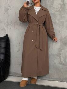 SHEIN EZwear 大尺碼軍綠色長款風衣，秋冬款 - 棕色 - 查看 5