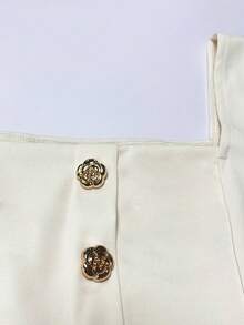 Franclia Camiseta de mujer de manga corta con cuello cuadrado y decoración de botones delanteros de unicolor - Albaricoque - Ver 4