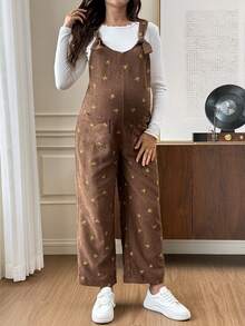 Slowluna Maternity Floral Embroidery Jumpsuit Fall - Brown - View 3