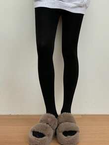Dazy Tall Women's Solid Color Thermal Lined Tight Leggings With Socks For Autumn/Winter Daily Wear - Black - View 4