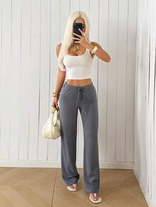 SHEIN EZwear 女款純色抽繩腰休閒百搭日常穿著長褲居家灰色秋季 - 深灰色 - 查看 6
