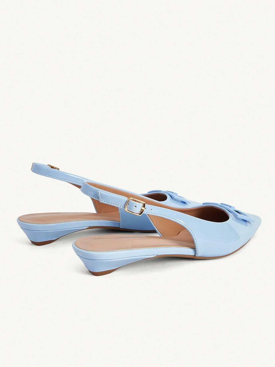CUCCOO CHICEST Light Blue Buckle Small Slope Heel Low Heel High Class Elegant Blue Patent Leather PU Glossy Women's Flat Shoes Dew With Commuter Dating Daily