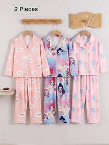 SHEIN 女童甜美仙女公主風可愛優雅休閒日常嬰兒洗禮/生日長袖長褲家居服套裝，粉色雲朵印花翻領睡衣 2 件組 - 粉色 - 查看 1
