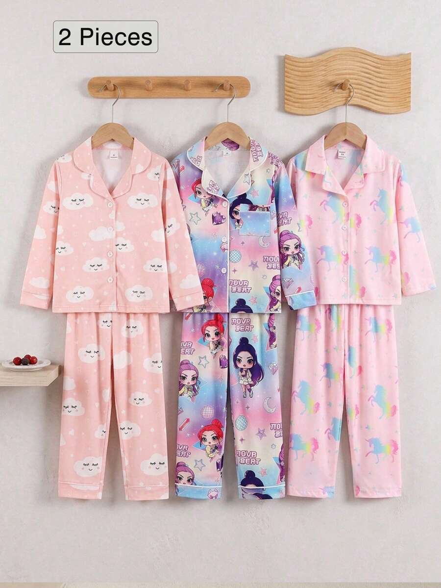 SHEIN 女童甜美仙女公主風可愛優雅休閒日常嬰兒洗禮/生日長袖長褲家居服套裝,粉色雲朵印花翻領睡衣 2 件組 - 粉色 - 查看 1