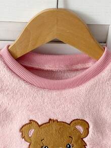 SHEIN Genkimix Kids 2件組秋冬雙面法蘭絨抓絨女嬰可愛粉色熊蝴蝶結刺繡長袖上衣與粉色格紋加厚長褲家居服套裝 - 粉色 - 查看 3