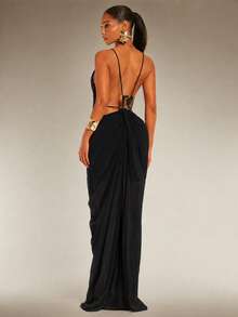 Silquee Women's Solid Color Sexy Spaghetti Strap Dress With Metal Back Decoration - Black - View 1