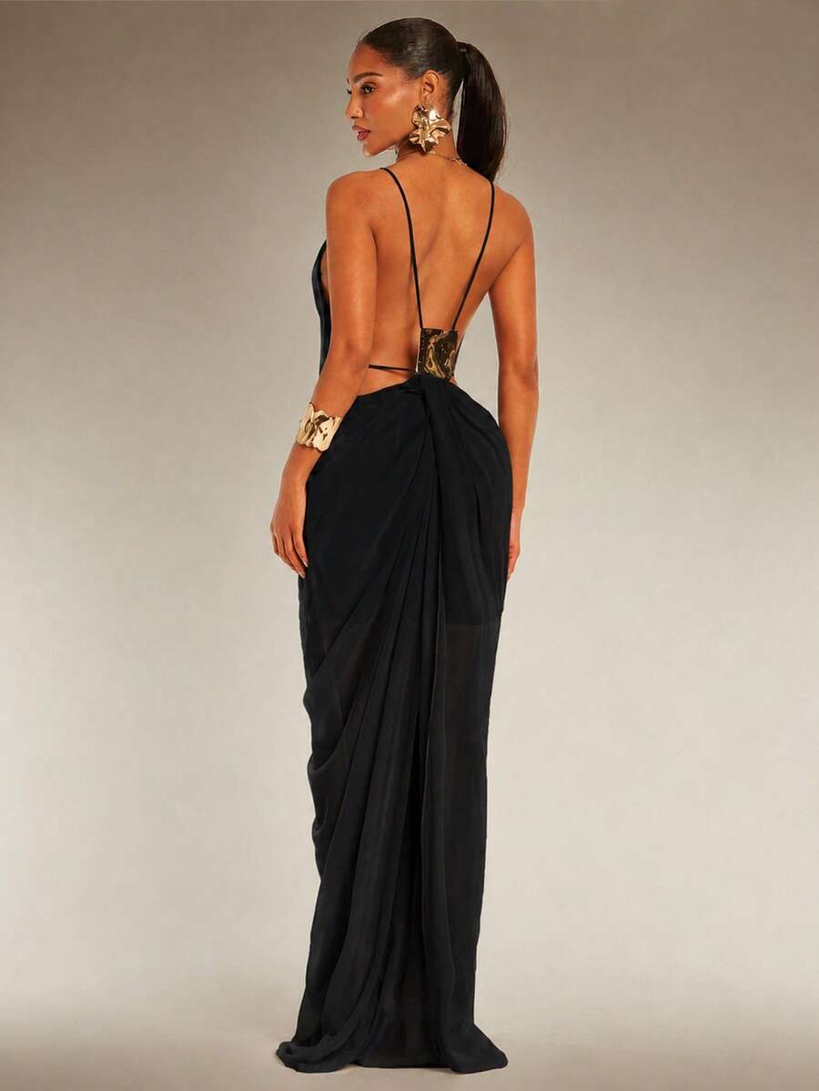 Silquee Women's Solid Color Sexy Spaghetti Strap Dress With Metal Back Decoration - Black - View 1