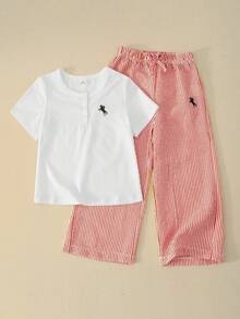 SHEIN Elladie kids 2件/套基礎休閒慵懶純色套裝，馬匹印花，不對稱下擺，側面抓皺設計，圓領短袖T恤，搭配黃色條紋紋理布料直筒褲，適合日常/戶外多種場合，春/夏/四季，幼女套裝，兒童日常舒適夏季穿搭，女童套裝 - 彩色 - 查看 4