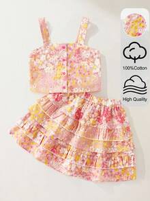Maija Kids Maija Kids Conjunto de 2 piezas para niñas jóvenes, elegante y exquisito, casual de vacaciones, top camisola sin mangas con estampado floral pequeño rosa, ajustable, con dobladillo de volantes multicapa y falda corta estampada, adecuado para uso diario, regreso a la escuela, viajes, reuniones, fiestas festivas, primavera y verano - Rosa - Ver 1