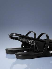 CUCCOO GRLICON Black Rivet Pointed Double Strap Flats, Retro Style Buckle Low Heel Low Vamp Rear Strap Women's Shoes - Black - View 5