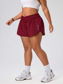 SHEIN Rhythm Era Shorts deportivos casuales para mujer talla grande con cintura cruzada y bolsillos - Granate - Ver 1