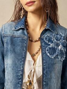 Bohemela Casual 70s Retro Streetwear 90s Solid Color Woven Denim Fitted Women's Jacket Everyday Going Out Birthday Blue Autumn - Blue - View 8