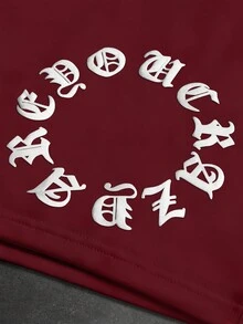 PAVTROS 男士休閒時尚街頭日常通勤字母壓花寬鬆背心與抽繩腰短褲套裝，夏季，度假 - 紅色 - 查看 5