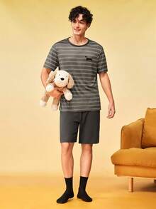 SHEIN Men's Summer Short Sleeve Casual Daily Wear Striped Loungewear Set - Dark Green - View 7
