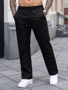 Manfinity CasualCool 男士抽繩腰純色口袋直筒休閒百搭長褲，美國國慶日、度假、禮物 - 黑色 - 查看 5