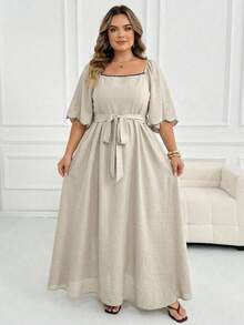 SHEIN CURVE+ Plus Size Women's Floral Trim Square Neck Raglan Sleeve Elegant Dress - Beige - View 4